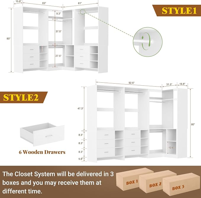 Aheaplus Closet System with 6 Drawers, 4 Hanging Rods & Corner Tower, Corner Closet System with Hanging, 92.6" L-Shaped Walk-In Wardrobe Organizer, 2000+ lbs Capacity, Set of 3, White