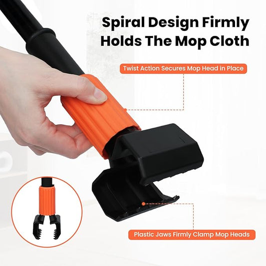 KalTell (1PK) Commercial Mop Handle Heavy Duty with Jaw Clamp Industrial Steel Mop Stick with 58” Long Handle Wet Mop Handle Gripper-Savety Orange