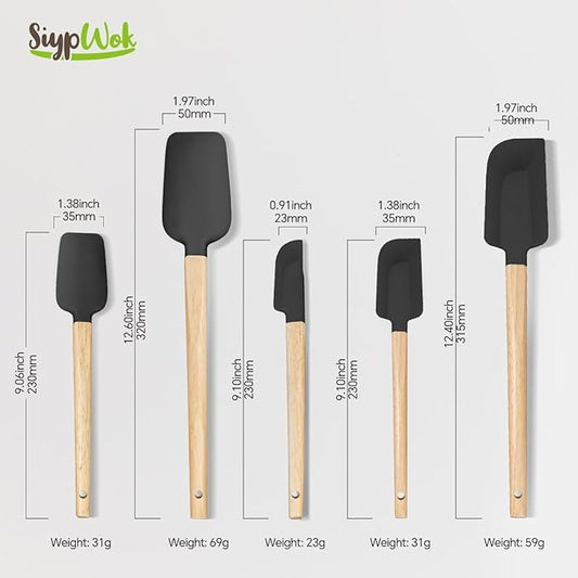 Silicone Spatula Set, Food Grade Rubber Spatula-5 Piece Nonstick Rubber Spatulas, Spoonula, Jar Scraper for Cooking, Baking, Mixing, Frosting - Heat Resistant Up to 600°F (5 Pcs Black)