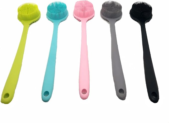 Long Handle Silicone Body Scrubber for Shower, Dual-Sided Back Scrubber Brush with Soft Bristles&Massage Nodes, Exfoliating Bath Brush for Hard to Reach Areas, Easy to Clean & Quick Dry, for Daily Use