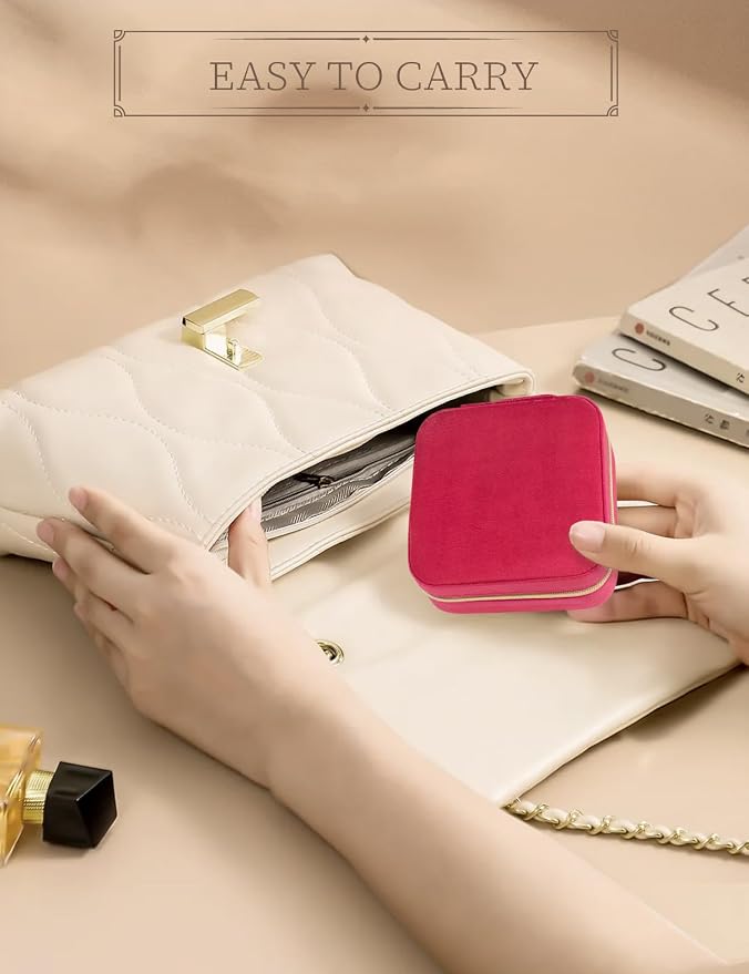 MFXIP Plush Velvet Travel Jewelry Case Small Jewelry Box Jewelry Organizer Storage Case Portable Jewelry Travel Case for Girls Womens Earring, Necklace, Rings,Bracelets with Mirror