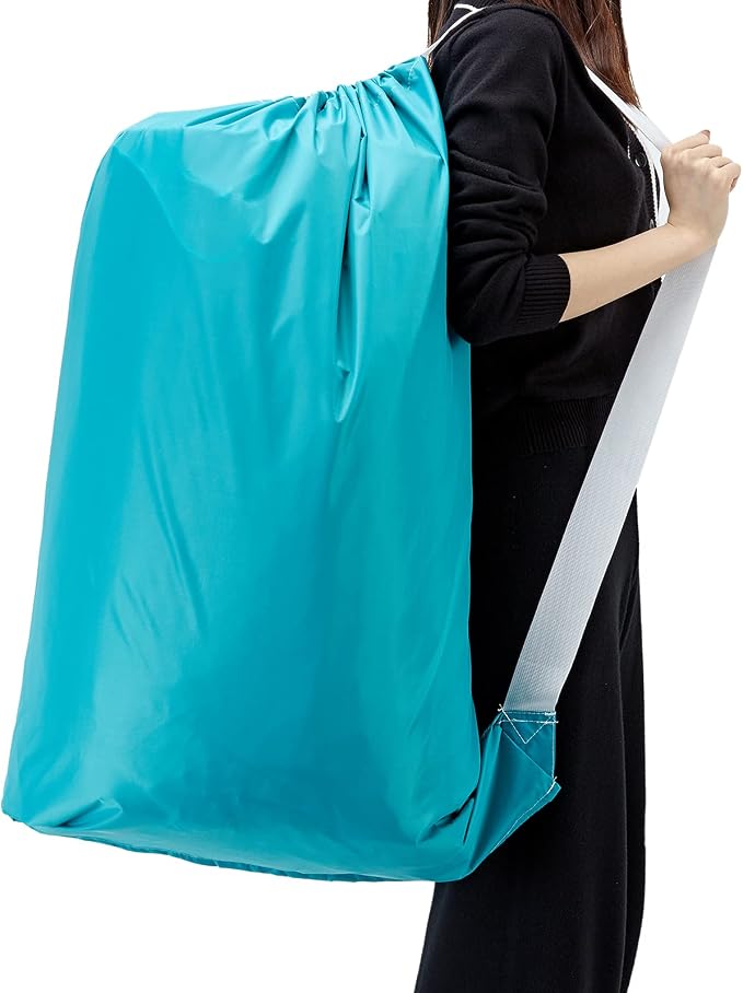 HOMEST XL Laundry Bag with Strap, Clothes Organizer for Dorm & Travel | Heavy-duty nylon material supports bulky garments and daily transport between baskets and storage areas, Sky Blue