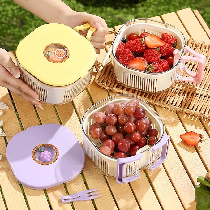 Fruit and Salad Washing Bowl with Strainer,Colander for Kitchen,Multi-Functional Vegetable and Food Drainer with Lid, Handle and Fork,Portable Fruit and Salad Containers for Fridge,BPA Free,Banana