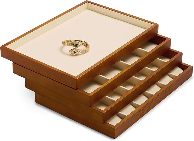 Oirlv 8 Line Wood Ring Storage Tray Jewelry Drawer Organizer Showcase Ring Earrings Display Holder(Creamy-white) | Stackable Design,Jewelry Earrings and Rings Organizing and Presentinge Legantly on Dressers&in Dresser,Display for vendors