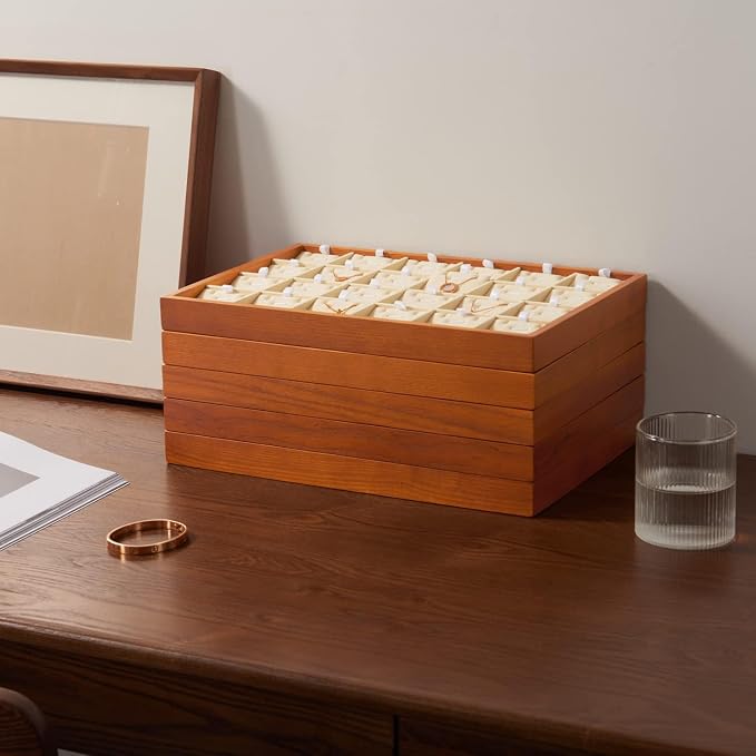 Oirlv Solid Wood Jewelry Tray,Jewelry Drawer Organizer,24 Grid(Cream) | Stackable Design,for Jewelry Necklaces Earrings and Rings,Organizing and Presentinge Legantly on Dressers&in Dresser