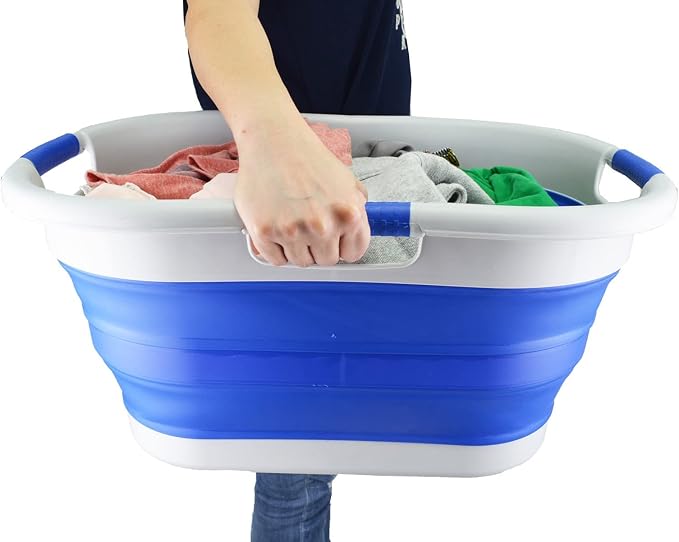 SAMMART 40L (10.5 gallon) Collapsible Plastic Laundry Basket - Foldable Pop Up Storage Container/Organizer - Portable Washing Tub - Space Saving Hamper/Basket (1, Grey/Purplish Blue)