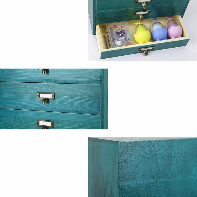 GoooodGIFT Wooden Drawers Small Wooden Box with Drawer, Blue | 5 Drawer Wood Storage Box , Vintage Desktop Organizer with Drawers, Desk Organizers for Library Card Catalog Cabinet