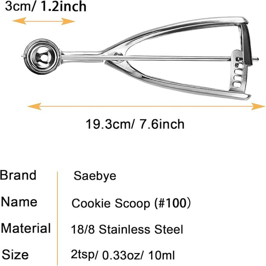 Saebye 2 teaspoon Cookie Scoop, Size #100/2 tsp, Melon Baller Scoop, 1.18 inch/ 30 MM Ball, 18/8 Stainless Steel Mini Ice Cream Scoop, Secondary Polishing