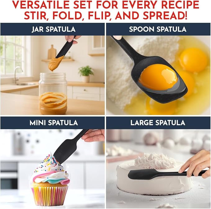 4-Piece Silicone Baking Spatula Set - Rubber Spatulas Silicone Heat Resistant, BPA-Free - Spatula Set for Nonstick Cookware - Baking Essentials
