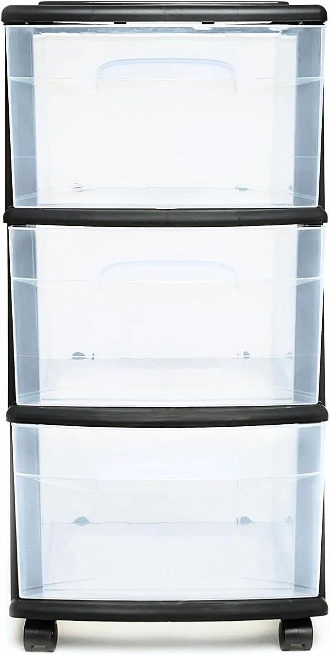 HOMZ Drawer Tower, 3-Tier Storage Cart with Removable Wheels, Black Frame | Plastic Organizer with Clear Bin Drawers for Bedroom, Bathroom, Home Office, and Dorm Rooms