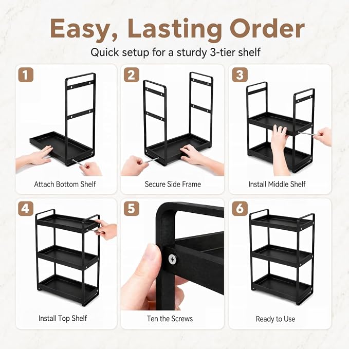 LEMIKKLE Bathroom Counter Organizer with Basket, Bathroom Organizers and Storage,Skincare Organizers for Vanity,Storage Organizers for Bathroom, Kitchen, Dresser (3-Tier Black Wood Rack)