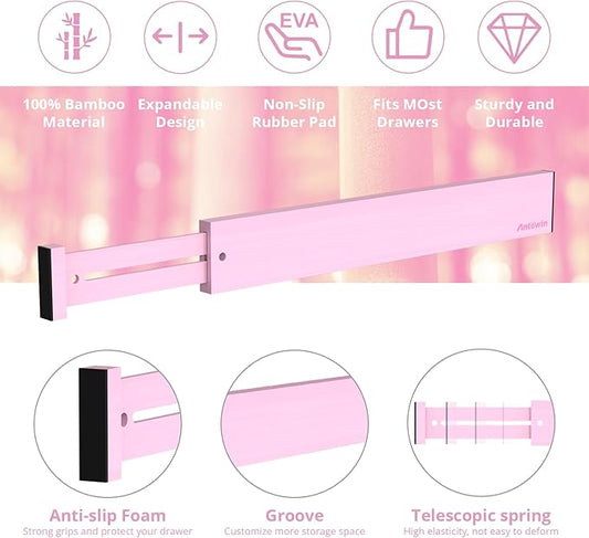 ANTOWIN Expandable Bamboo Drawer Dividers Organizers, Drawer Separators Splitter, 17-22 inches Long Adjustable Spring-loaded Organizer for Large Utensil, Clothes, Tools(Pink)