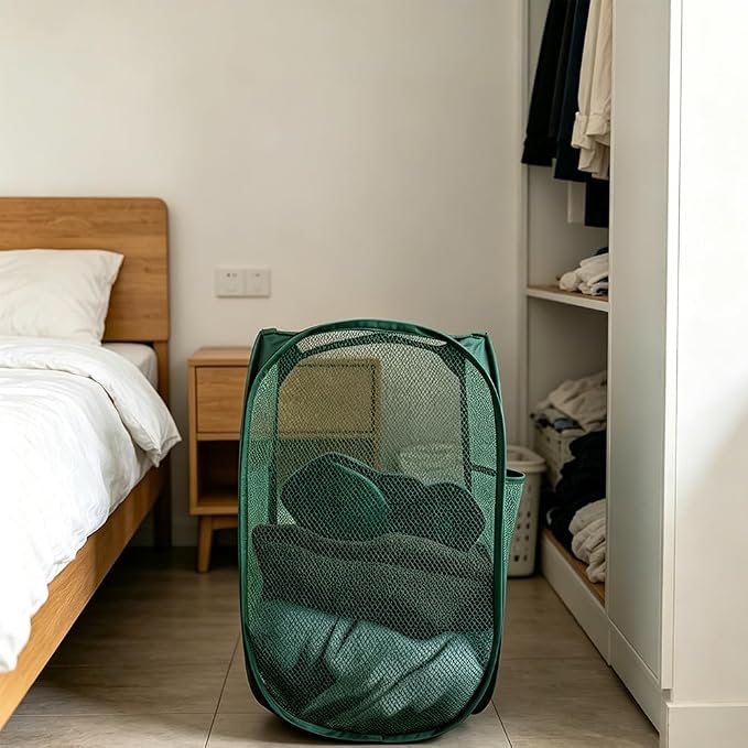 Larpur Pop Up Laundry Hamper Collapsible Mesh Clothes Basket, Dark Green | Portable Laundry Hamper Foldable Dirty Clothes Hamper Storage for Home, Dorm, Travel, Cruise