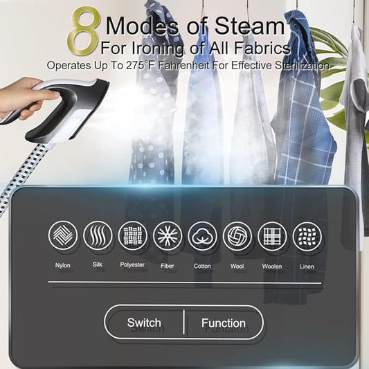 1500W Standing Clothes Steamer with Adjustable Ironing Board, 90 Min Steam Time, 8 Steam Levels, 2.5L Tank - Professional Garment Steamer, dark grey