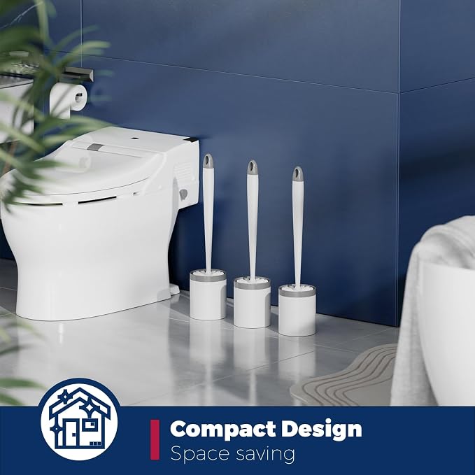 Holaloha Toilet Brush, 3 Pack Toilet Brush and Holder Set, Compact Bathroom Accessories for Toilet Bowl Cleaning and Space Saving, White