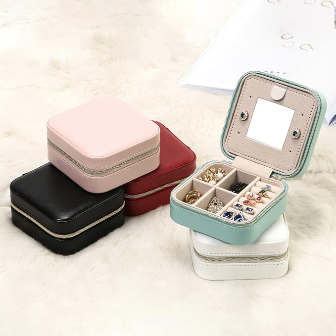 TRODANCE Jewelry Case with Mirror, Small Travel Jewelry Organizer, Portable Mini Storage Box for Rings, Earrings, Necklaces (Blue)