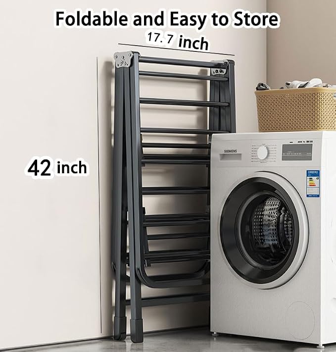 Large Clothes Drying Rack Foldable, 3-Level Metal Laundry Dryer Stand | Lightweight,Easy to Use&Fold,Sturdy, Height-Adjustable, Movable, Complete with Heavy Items,Space Saving Clothes Dryer