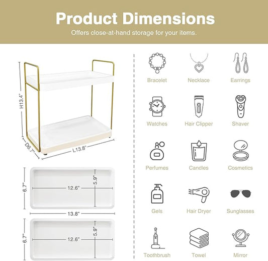 Forbena White and Gold Bathroom Counter Organizer, 2 Tier Makeup Vanity Organizer Countertop, Bathroom Sink Skincare Shelf Tray Organizers and Storage for Perfumes Lotions Kitchen Coffee Bar Decor
