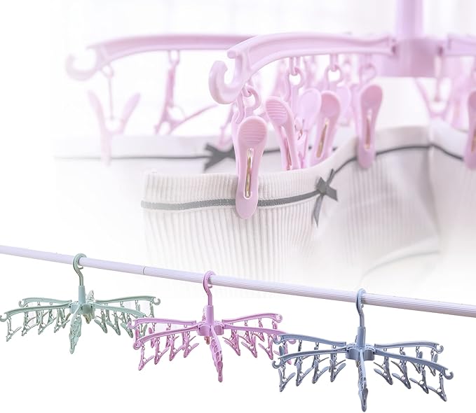 Clothes Drying Hanger with 24 Clips, Foldable Hanging Rack 2 Pack | for Drying Socks Lingerie Baby Clothes Drying Towels Rotatable Sock Drying Rack with 24 Pegs Clips(green)