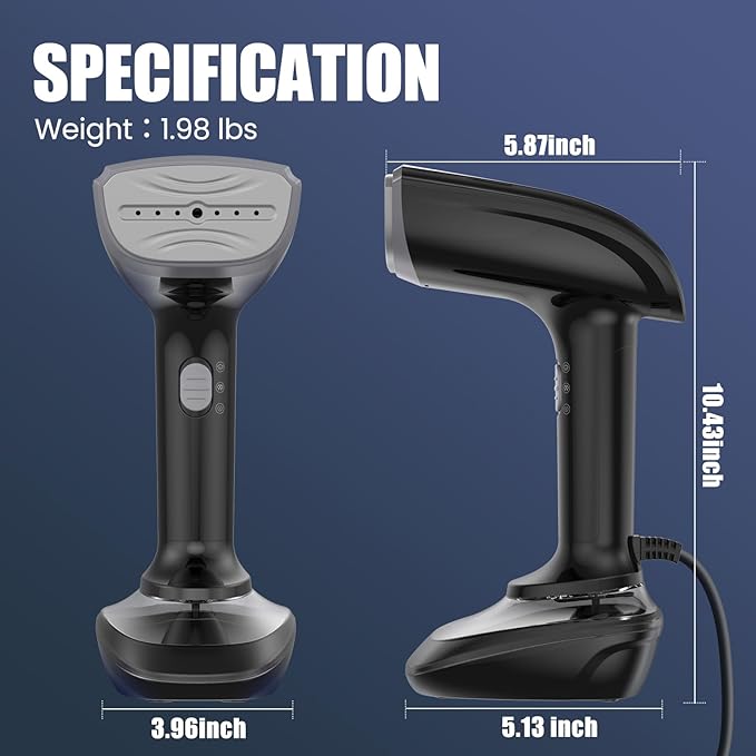Powerful Handheld Fabric Steamer - 1800W with Fast Ceramic Heat-Up Plate, 2-in-1 Ironing & Wrinkle Remover, Steam Nozzle, Lint Brush - Black, for US 120V Only