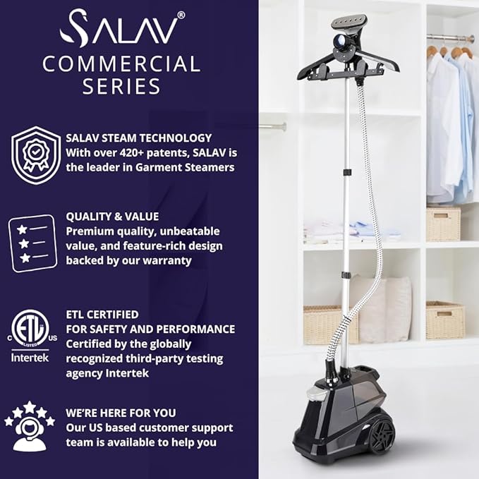 SALAV Heavy Duty Commercial Full-Size Garment Steamer with Foot Pedals and Extra Large 3L (101.5 oz) Water Tank, 1800 watts of Poweful Steam (Navy)