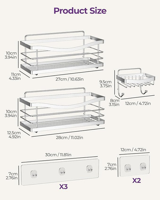 ODesign Shower Caddy 3 Pack-Shower Organizer Shelves Rack Rustproof SUS304 Stainless Steel for Bathroom Storage&Kitchen-No Drilling Adhesive Shower Caddy Shelf Dorm Room Essentials-Silver