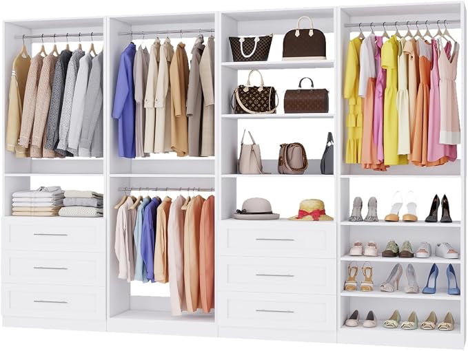 Closet System with 4 Sets, 8–21 FT Closet System with 6 Drawers, 9 Shelves & 8 Hanging Rods, Heavy Duty Closet Organizer System for Walk in Closets, Modular Custom Wood Closet Kit, White
