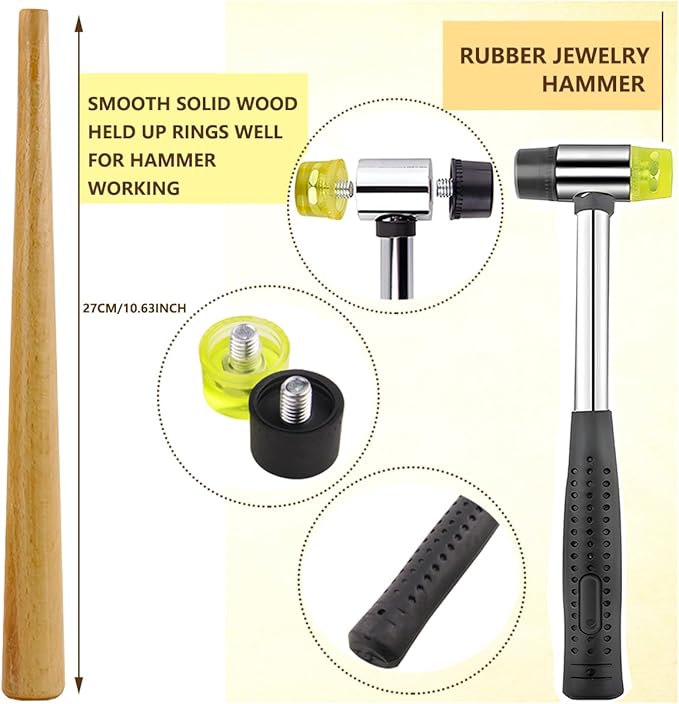 Ring Sizer Measuring Tool Metal Ring Mandrel and Mallet for Ring Making Ring Size Measurer Ring Shaper to Fix Bent Rings Jewelry Sizing Reshaper Repair Kit with Hammer (12-Ring Sizer Tool)