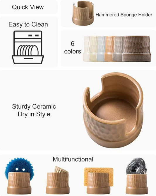 Zoeeker Sponge Holder for Kitchen Sink, Ceramic Sink Caddy Scrub Sponge Tray Dish Rack for Scrubbers, Kitchen Organizer, Brown