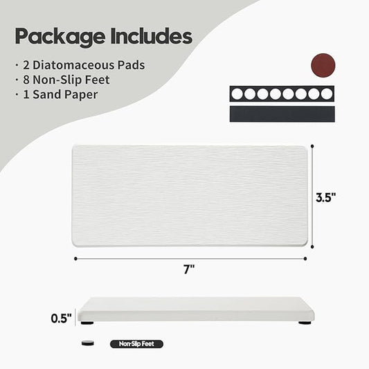 2PCS 7"x3.5" Water Absorbing Bathroom Sink Vanity Trays, Diatomite Stone Quick Drying Mat for Kitchen Counter, Dish Rack Dispenser Sponge Holder Caddy Organizer, White, 7"x3.5"