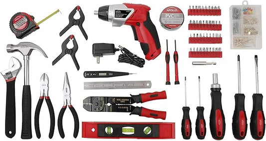 Apollo Tools 161-Piece Complete Household Tool Set with 3.6 Volt Lithium-Ion Cordless Screwdriver and Most Needed Hand Tools Selection for Boats, Vehicle and Garage - Red - DT0739