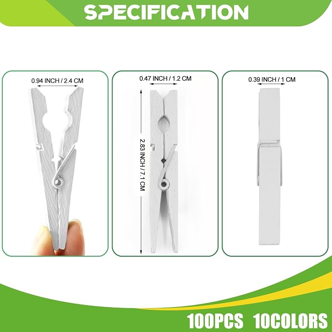 100 Pcs White Clothes pins - 2.9 Inch Wooden Clothespins Cheer Clips | Vibrant for Crafts Classroom Decorations Clothing Pictures Laundry Solid Wood No Splinters Fade‑Proof