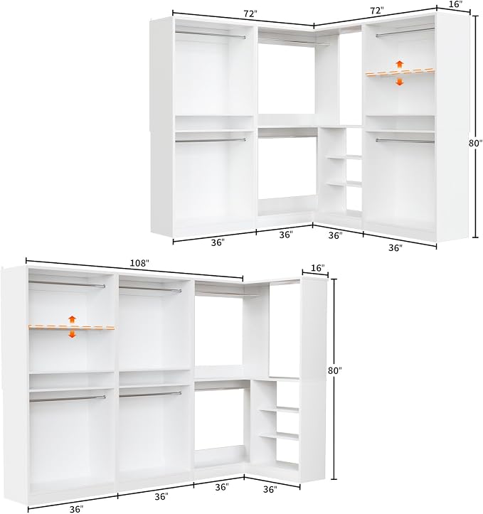 Unikito 108” Corner Closet System, 3-Piece L-Shaped Closet Organizer with 2 Closet Towers and 1 Corner Unit, Heavy Duty Wood Garment Rack with 6 Hanging Rods, Freestanding Walk-in Wardrobe, White