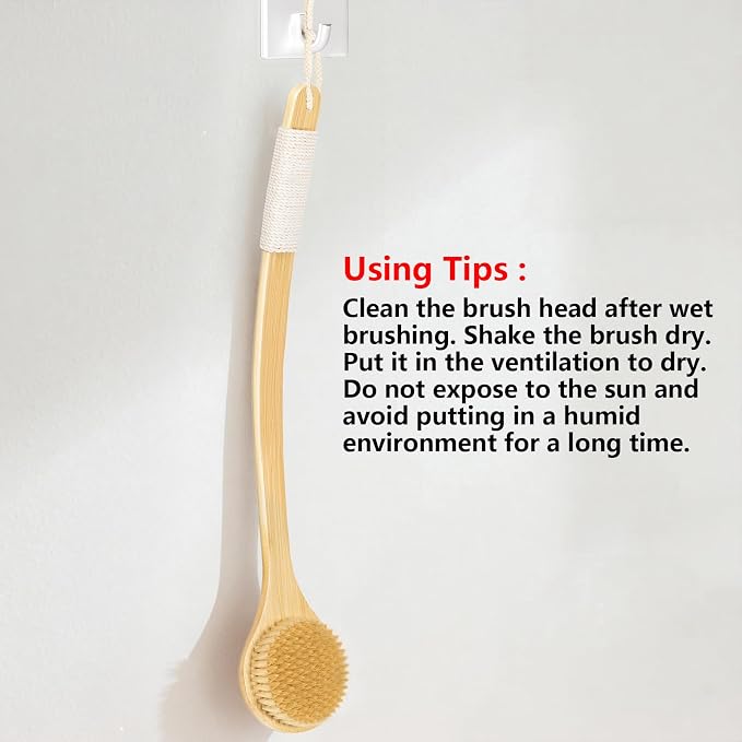 Back Scrubber Brush for Shower, 22" Curved Long Bamboo Handle Shower Brush, Antiskid Body Bath Brushes for Back Dry/Wet Brushing, Moderately Soft Natural Bristle Body Brush for Showering (Beige)