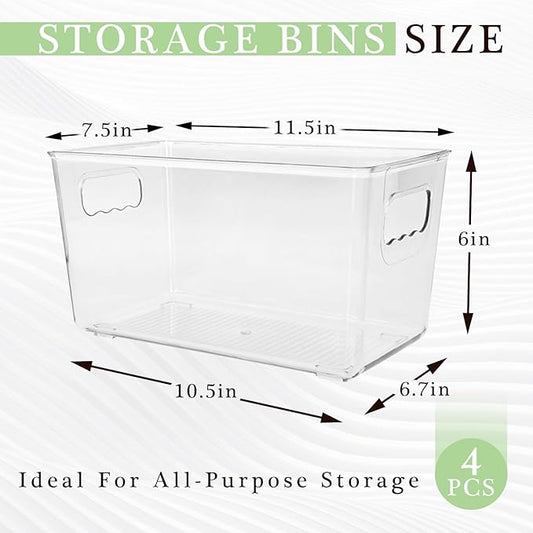 4 Pack Clear Plastic Storage Bins with Handles, Stackable Pantry Fridge Cabinet Under Sink Organizers and Storage, Multi-use Large Home Kitchen Bathroom Organization for Shelf Closet Drawer