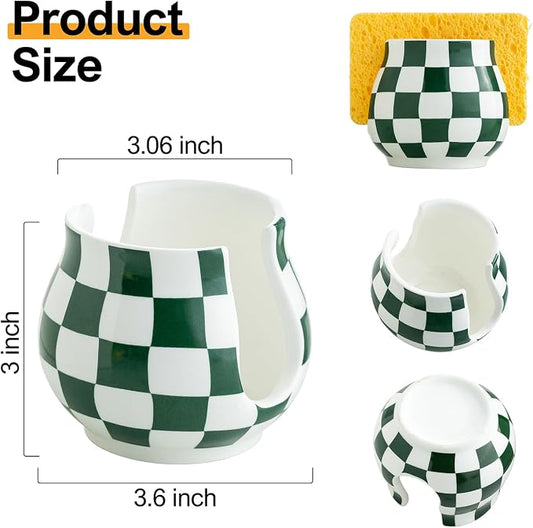 Zoeeker Kitchen Sponge Holder, Ceramic Sponge Organizer Checkered Scrubby Holder Sink Caddy Scrub Dish Rack for Kitchen, Bathroom, Sink, Christmas Decor, Green and White