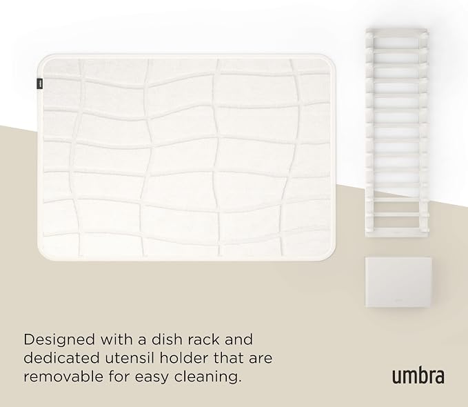 Umbra UDry Dish Drying Rack with Mat – Kitchen Countertop Dish Drainer & Absorbent Microfiber Drying Mat, Foldable Dish Rack Organizer for Plates, Cups & Utensils, Sand