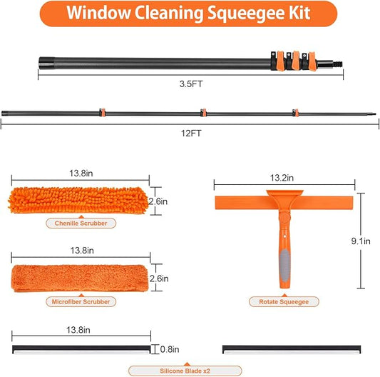 Window Squeegee with Carbon Fiber Extension Pole for Home, 3.5 to 12Ft Window Cleaning Kit Tool Outdoor, Lightweight Professional Window Washing Kit with Rotatable Head & 2 Scrubbers, 2 in 1