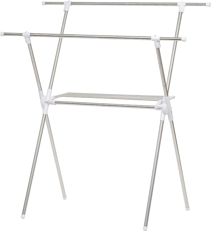 IRIS USA Foldable Drying Rack with Extendable Rods for Large Laundry Loads, Clothes Drying Rack, Freestanding Foldable Laundry Rack, Anti-Skid Feet, Portable and Storable, Silver