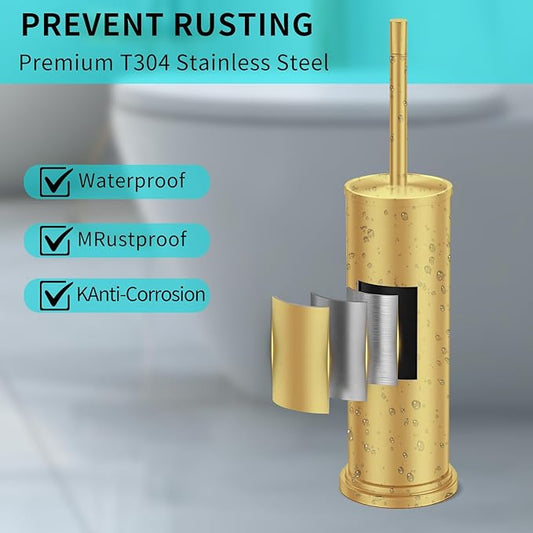 Gold Toilet Brush and Holder Set,304 Stainless Steel Toilet Brush for Bathroom with Long Handle, Heavy Duty Brass Toilet Bowl Brush,Removable Inner Bowl and Splash Protection,Deep Cleaning