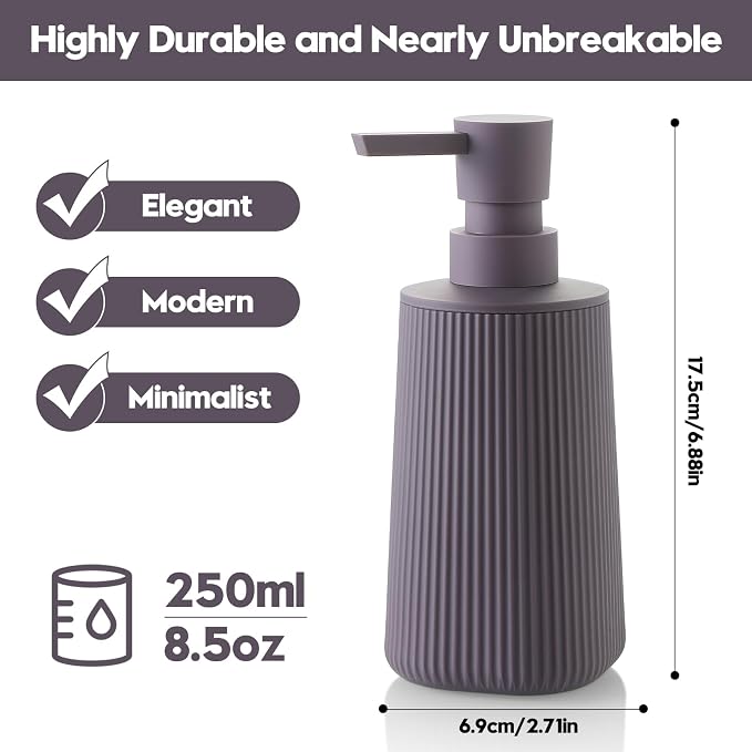 YAUKPH Small Soap Dispenser for Bathroom and Kitchen Matte Purple | Modern Farmhouse Striped Style Plastic Hand Soap Dish Soap Dispenser with Pump