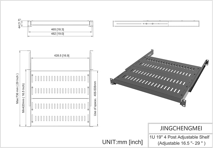 1U Vented 4-Post Adjustable Server Shelf -Mounting 16.5-29" D | Universal Tray Adjustable Mounting Depth for 19 Inch Network Equipment Server Rack or Cabinet , Black