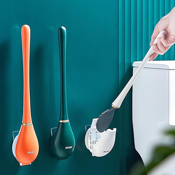 Modern Flexible Silicone Toilet Caspa for Home 2025 Silicone Toilet Wand Bowl Brush and Holder Cleaning Set Wall Mounted Rubber Bathroom Toilet Scrubber Bowl Cleaner Brushes with Dispenser (Orange)