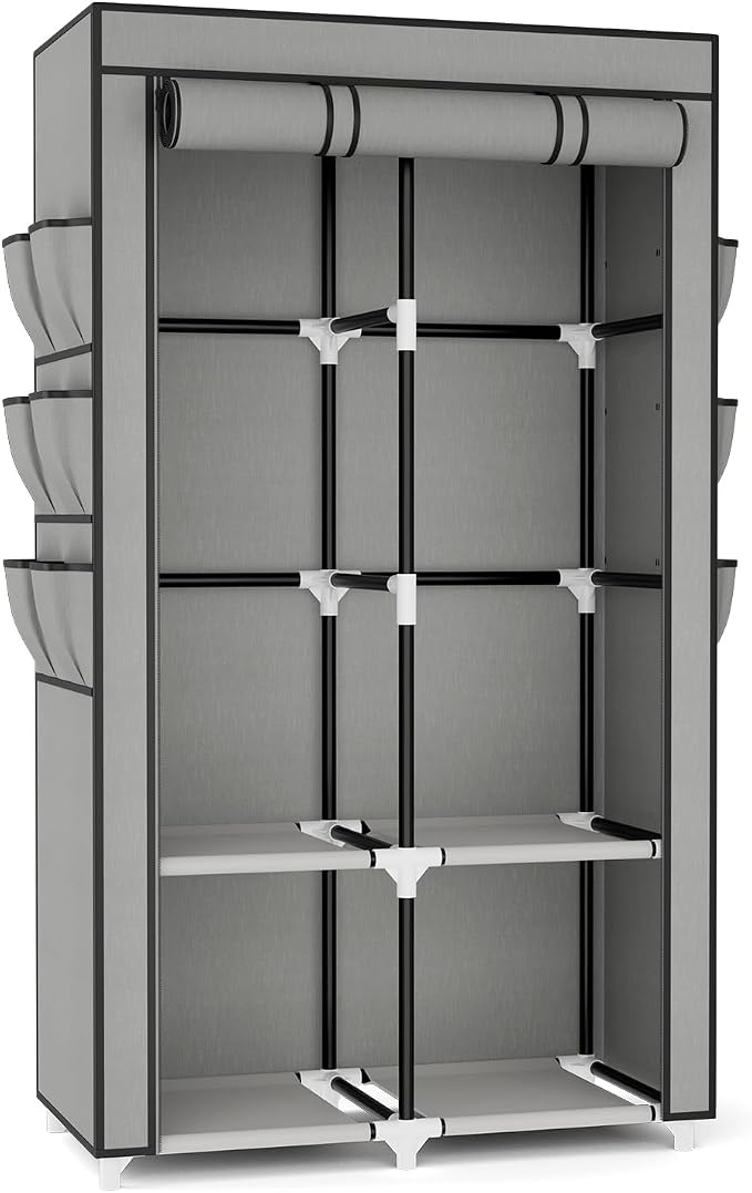 VTRIN Portable Closet Wardrobe for Hanging Clothes with 4 Storage Shelves, 2 Hanging Rods and 6 Pockets, Stable and Easy Assembly Clothes Rack with Cover Free Standing Closet for Bedroom, Grey