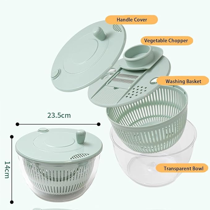 Large Capacity Multi-Function Salad Spinner with Quick Stop Button, Salad Spinner Stainless Steel, Salad Spinner Large, with 5 Blade Slicer Egg Yolk Strainer Shredder (Transparent White)