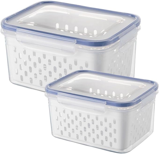 2pcs Fruit Storage Containers for Fridge, Airtight Food Saver Containers with Removable Colander & Lid, Stackable Fridge Organizer Box Set to Keep Vegetables Fresh Longer(Clear White)