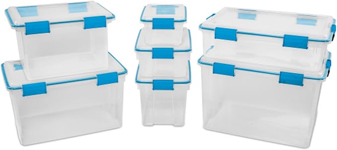 Sterilite Gasket Storage Box with Lids for Home & Office, 20 Quart, 18-Pack | Heavy-Duty, Stackable, and Organizing Containers for Bathroom, Cabinet, Closet, and Garage, Clear and Blue Aquarium Latches
