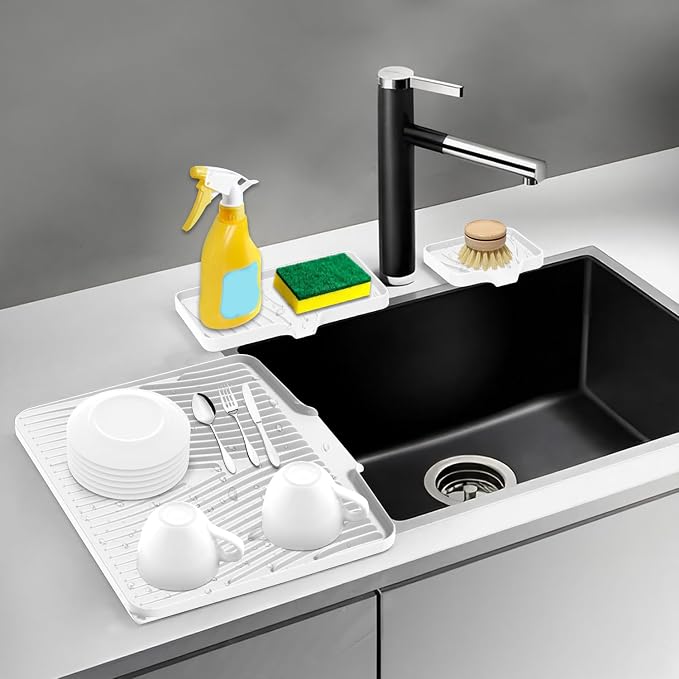 Silicone Dish Drying Mat for Kitchen counter, 15.8"x13" Extra Large Non-Slip Drain Pad with Built-in Drainage, Heat Resistant Dishwasher Safe, Ivory