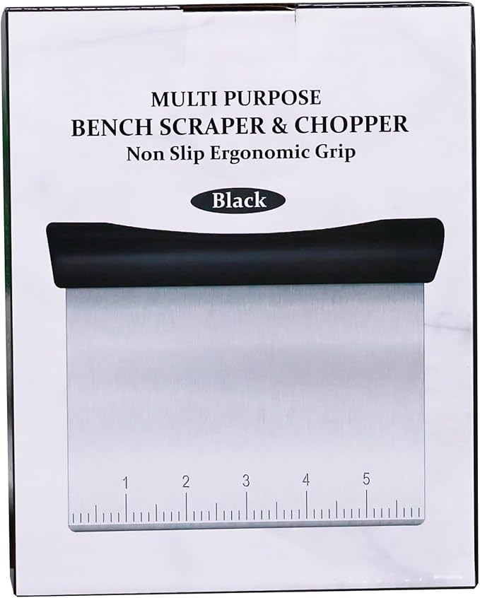 Rainspire Bench Scraper, Stainless Steel Dough Scraper, Pastry Scraper, Pizza and Dough Cutter Multi-Purpose Scraper/Chopper, Pizza Cutter Food Chopper Baking Supplies Kitchen Gadgets, Black