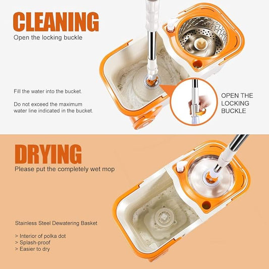 Masthome Mop and Bucket with Wringer Set, Easy Wring Spin Mop and Bucket with Wheels, 51" Stainless Steel Handle & 4 Microfiber Replacement Refills, Wet Dry Mop for Floor Cleaning